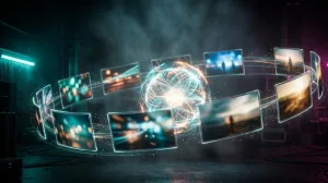 AI video generator concept showing glowing video frames streaming from a luminous AI core