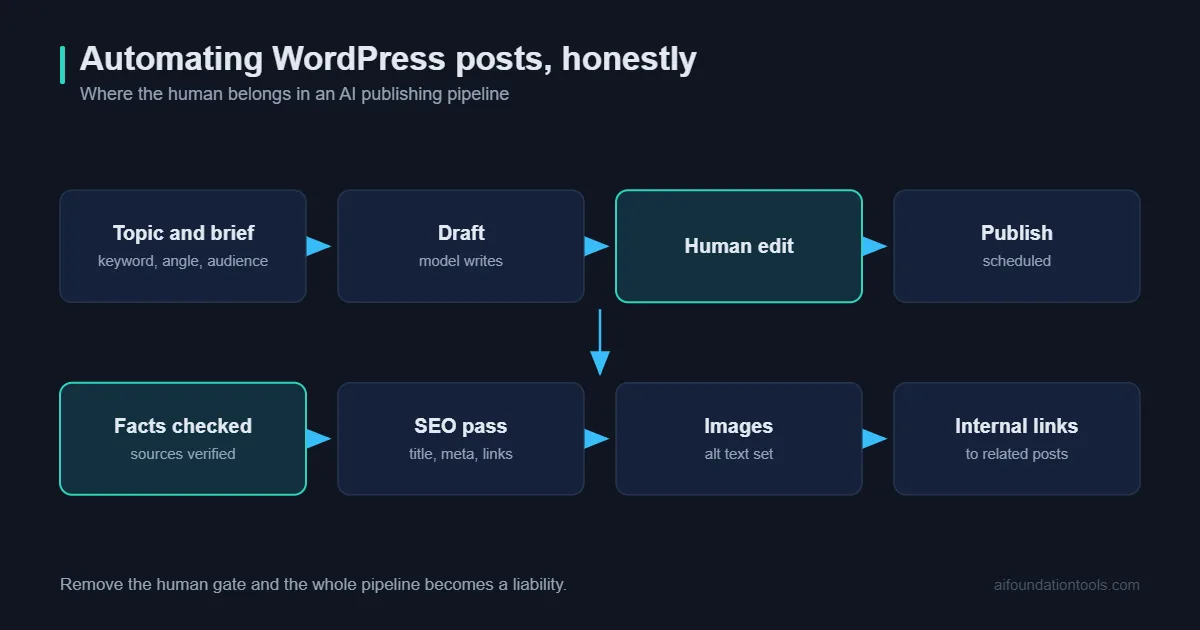 Automate WordPress blog posts with AI, shown as a publishing pipeline diagram