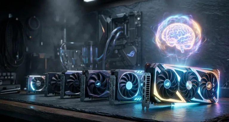 Best local LLM choices shown as graphics cards of increasing size with a glowing model above