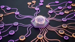 n8n AI agents visualised as glowing hexagonal workflow nodes wired into a central AI brain node