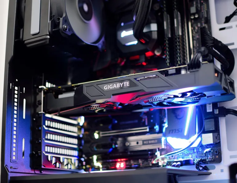 RTX 5080 for AI workloads installed in a lit desktop build