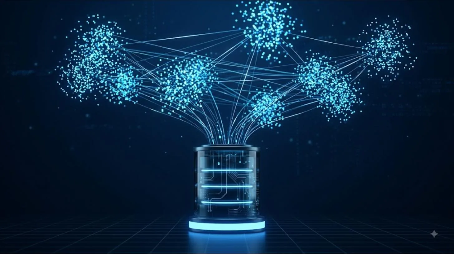 Vector database for RAG shown as glowing embedding clusters flowing into a database cylinder